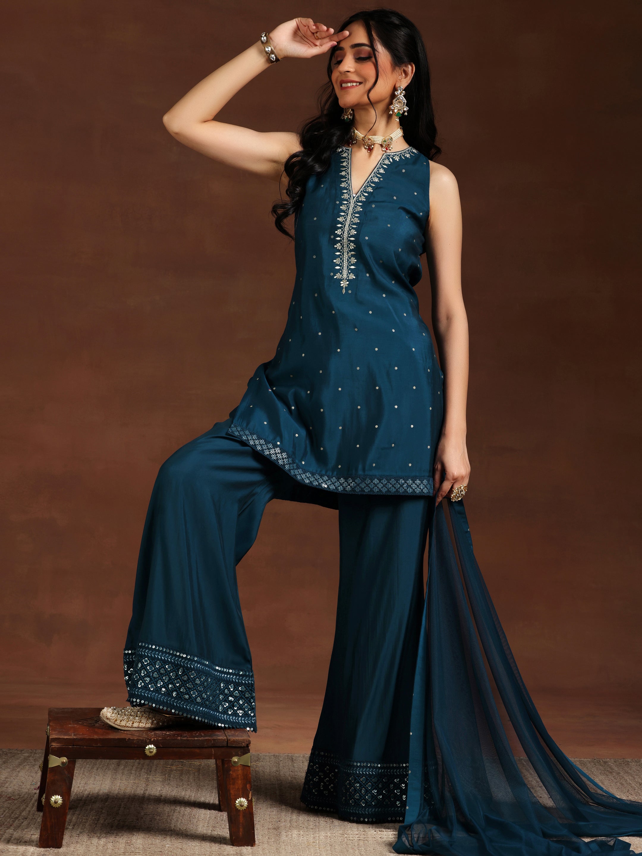 Turquoise Blue Embroidered Silk Blend Suit Set with Gold Checkered Dupatta main image 1