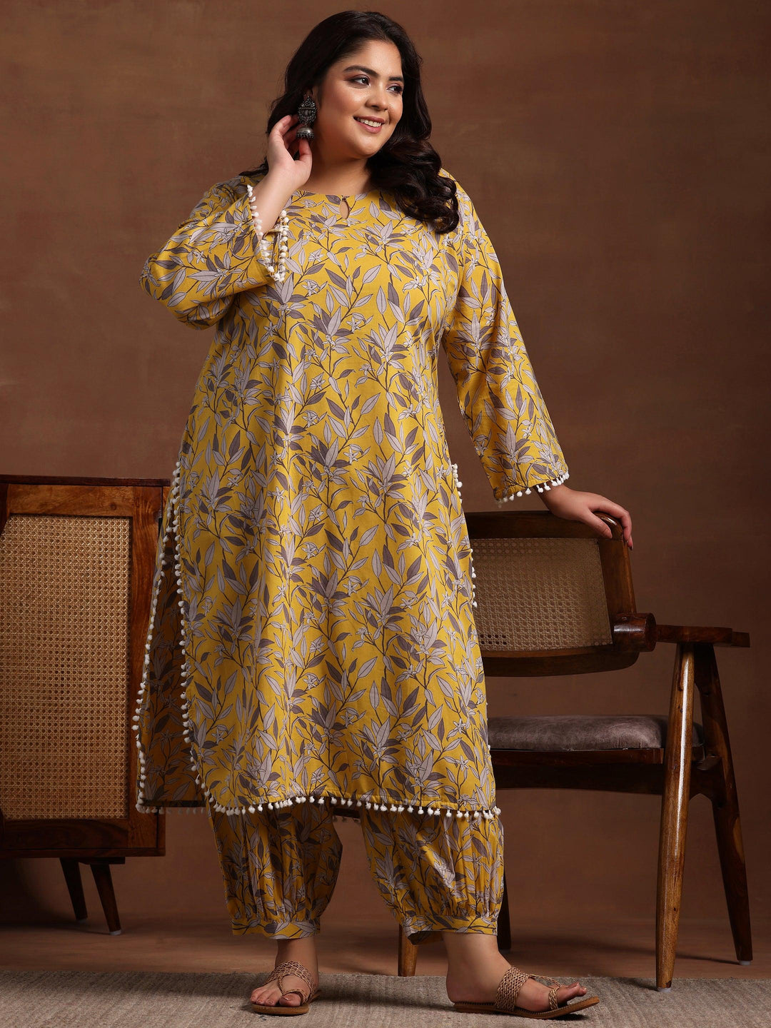 Plus Size Mustard Printed Cotton Pathani Kurta With Salwar