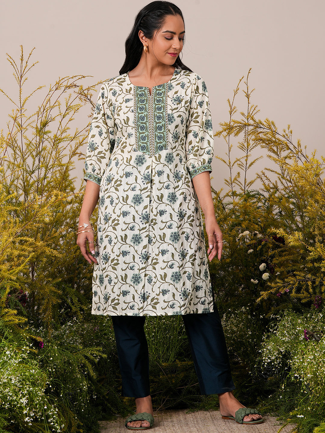 Beige Printed Cotton Straight Kurta