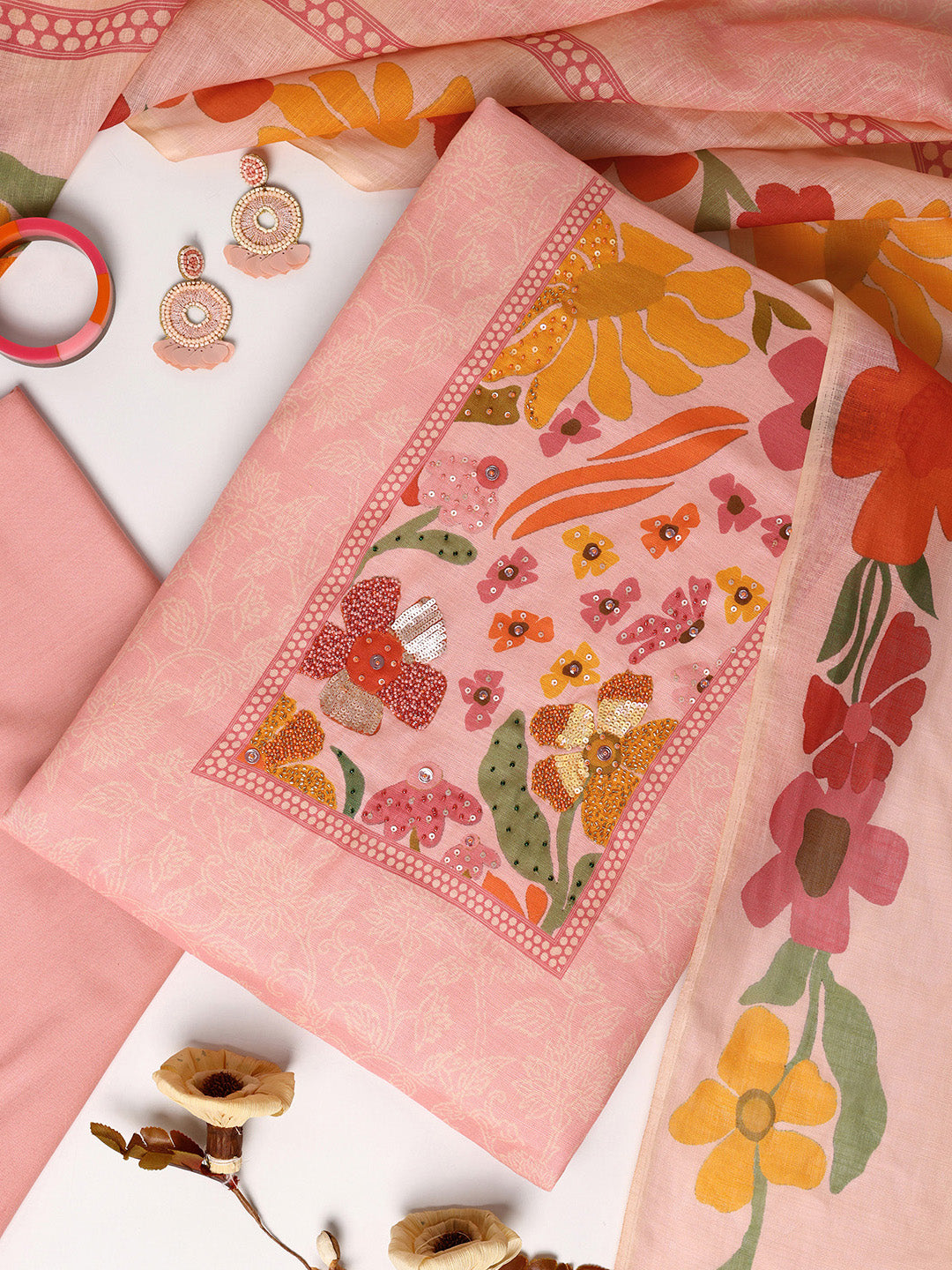 Buy Libas Pink Printed Cotton Blend Dress Material With Dupatta Online in USA at $35.00