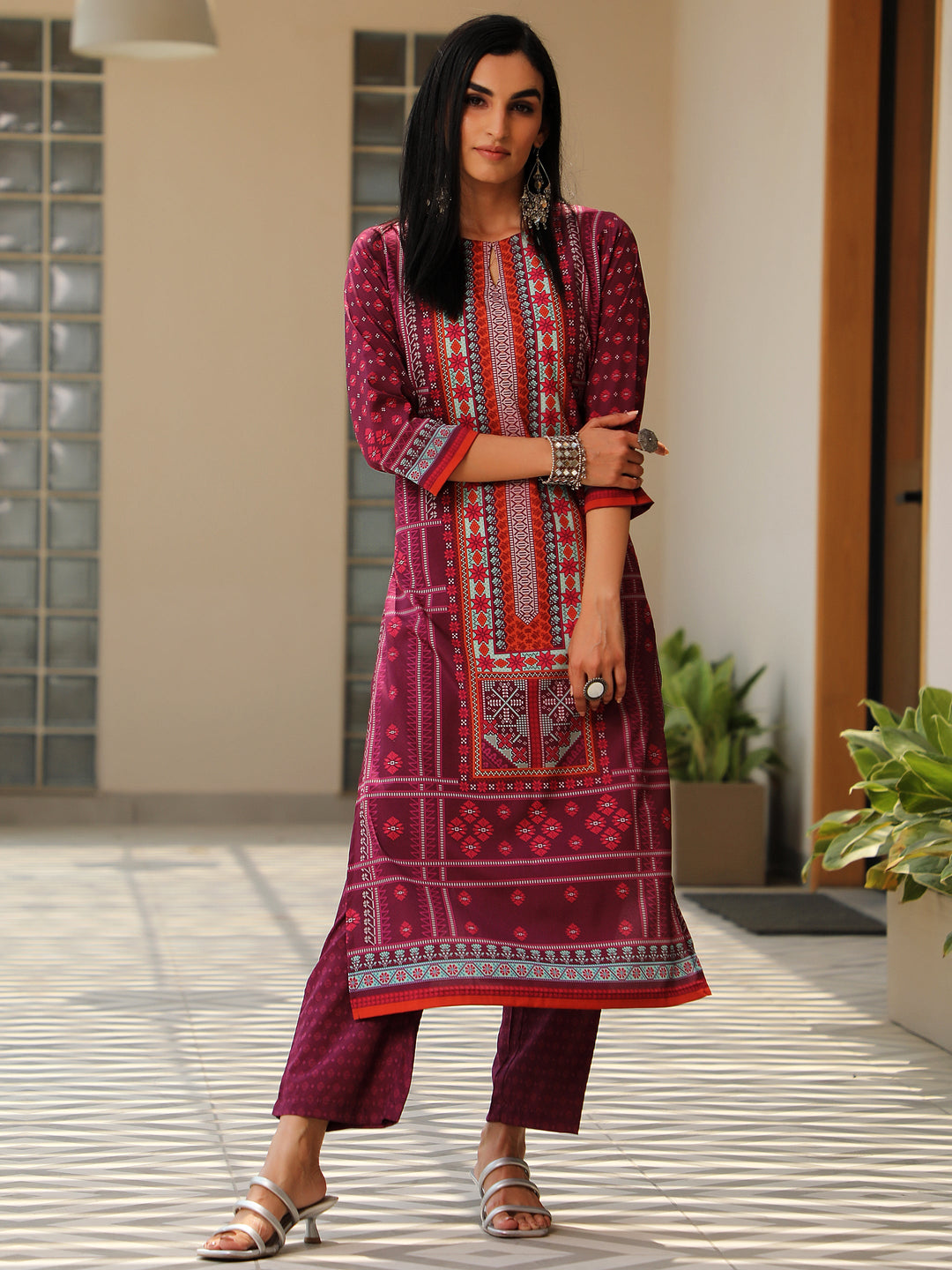 Wine Printed Poly Crepe Straight Kurta Set