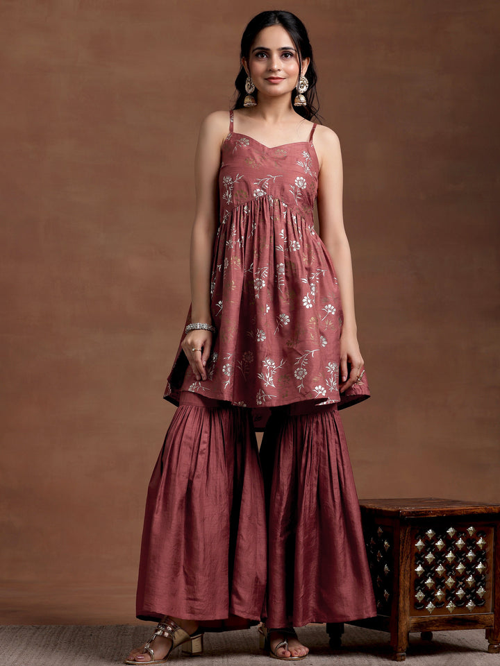 Brown Printed Silk Blend A-Line Kurta With Sharara