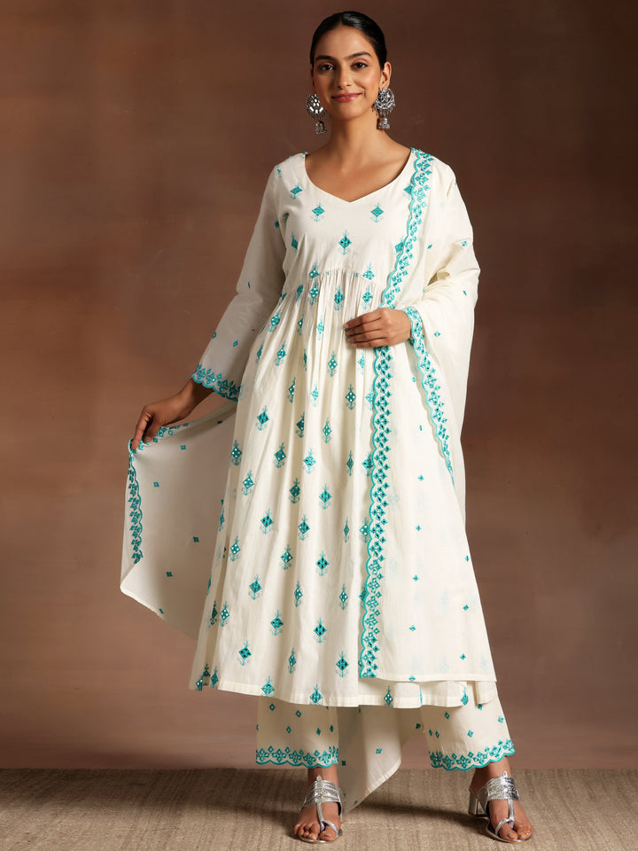 Off White Embroidered Cotton Anarkali Suit With Dupatta