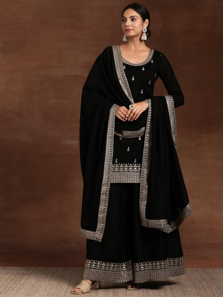 Black Embroidered Silk Blend Straight Suit With Dupatta