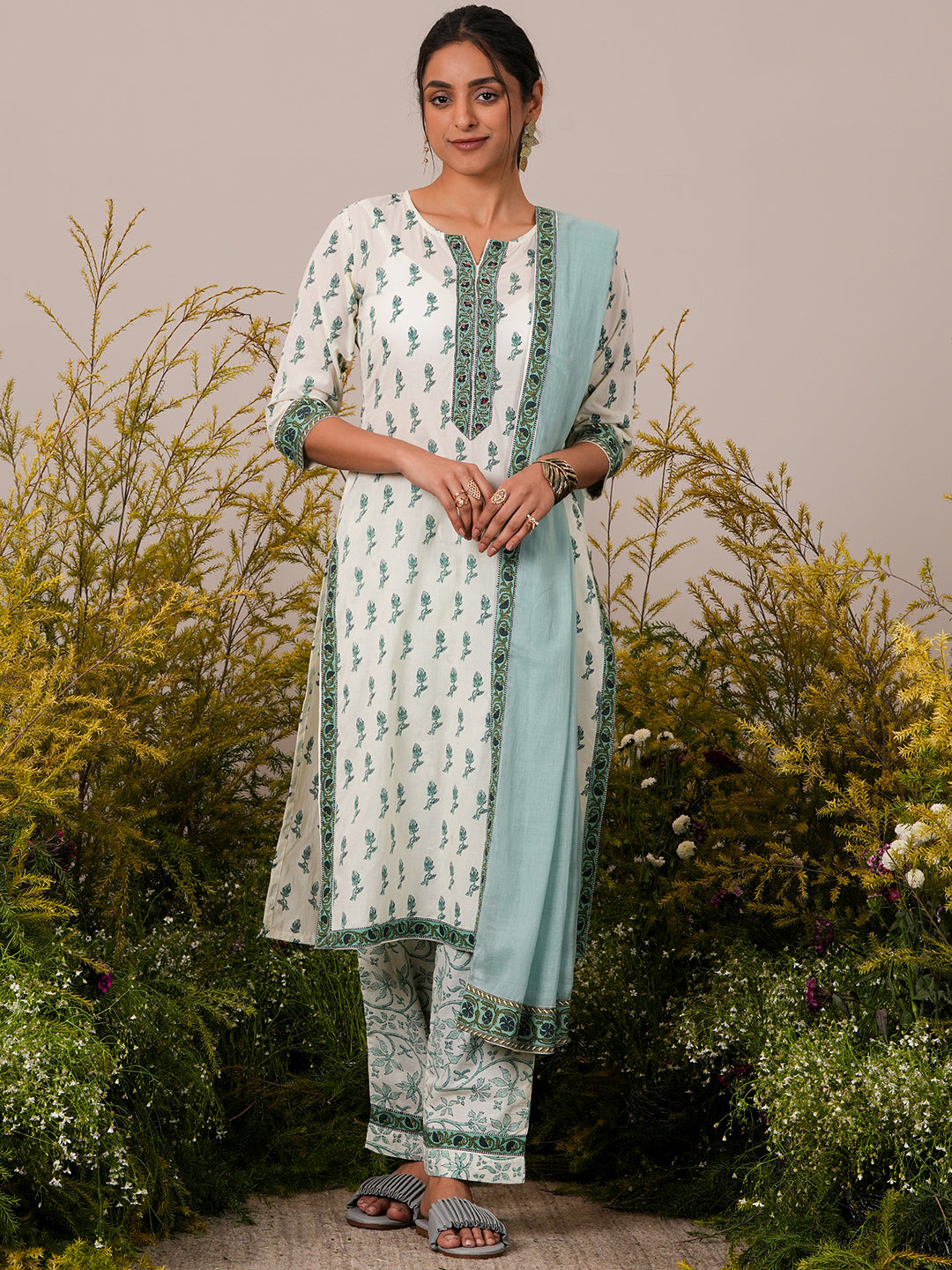 Off White Printed Cotton Straight Suit With Dupatta