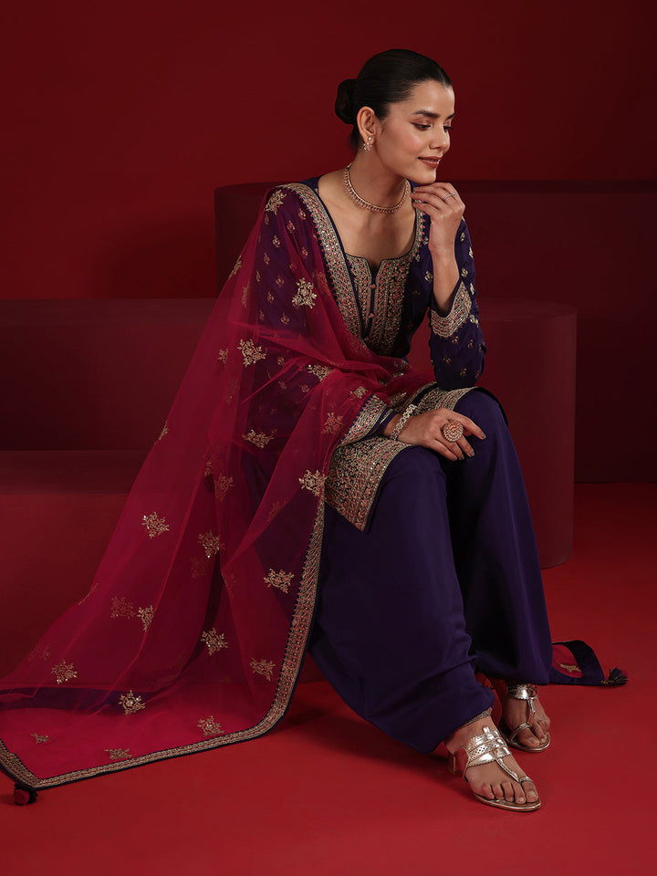 Libas Art Purple Embroidered Silk Blend Straight Suit Set With Dupatta