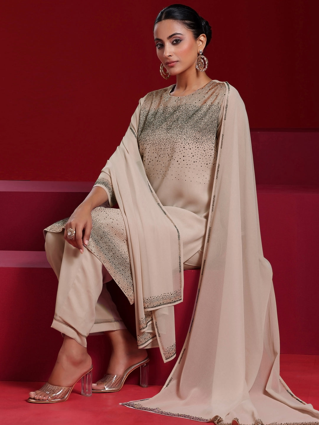 Libas Art Taupe Solid Georgette Straight Suit With Dupatta