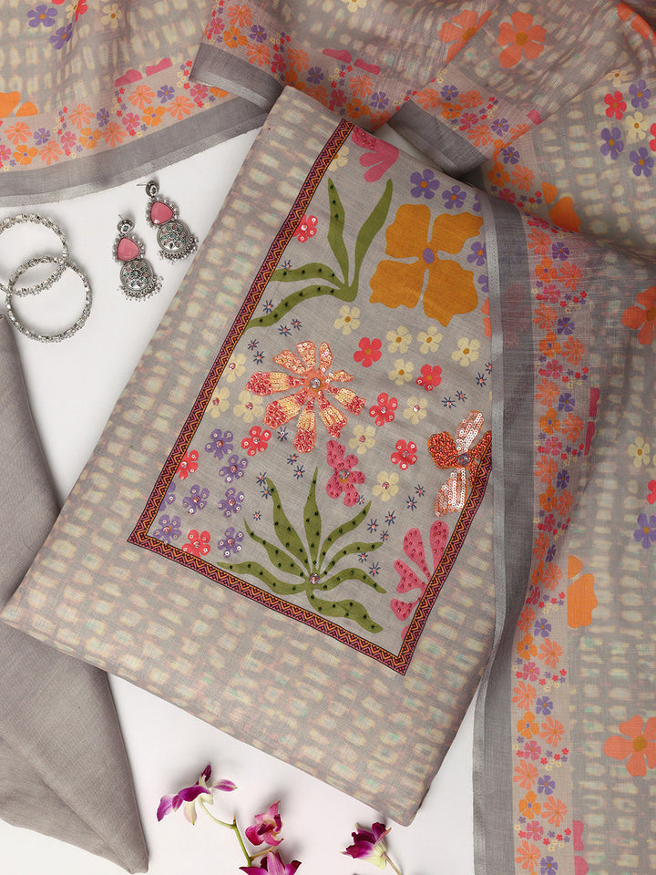 Grey Printed Cotton Blend Dress Material With Dupatta