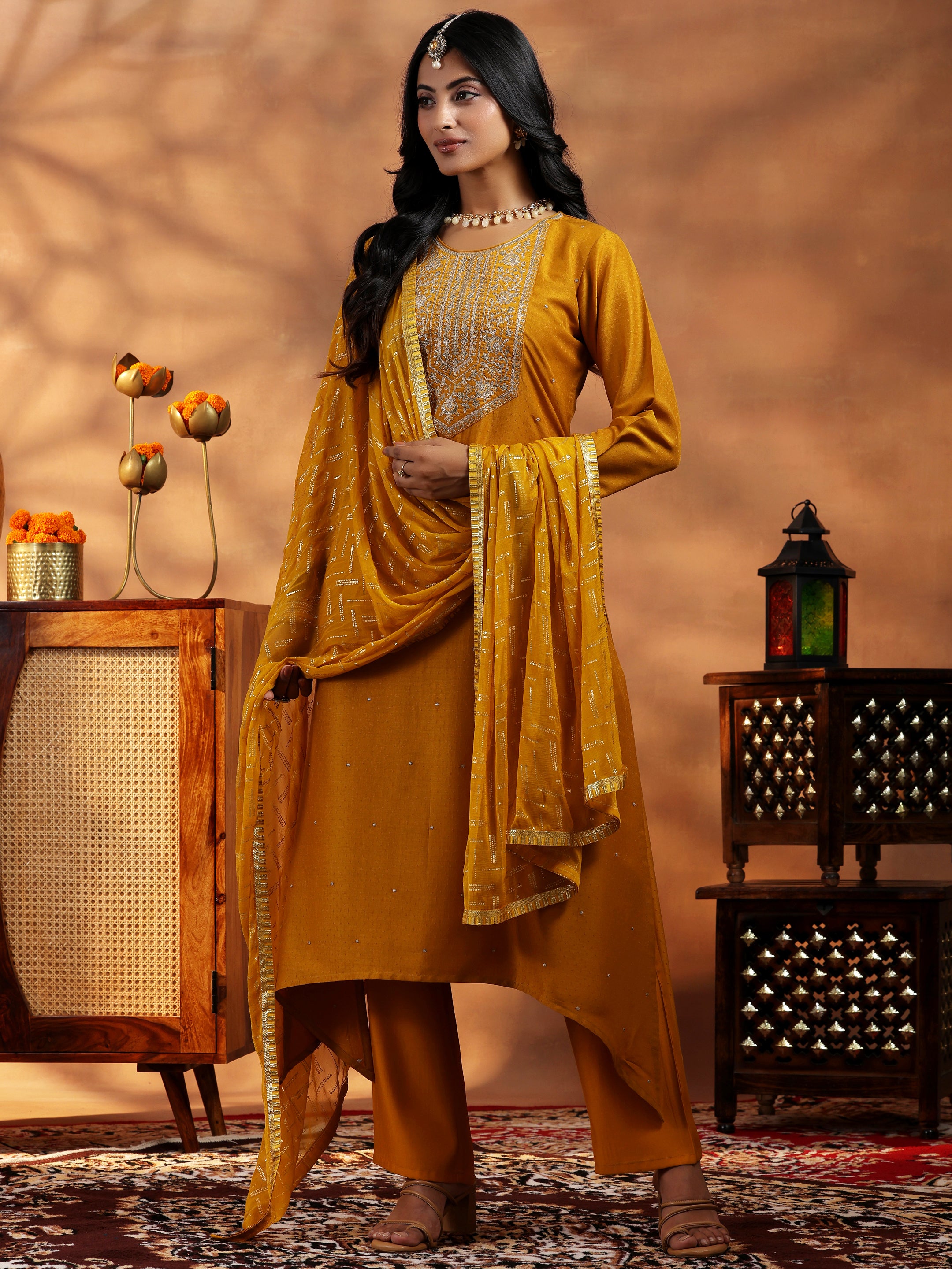 Plus Size Mustard Embroidered Silk Blend Straight Suit With Dupatta