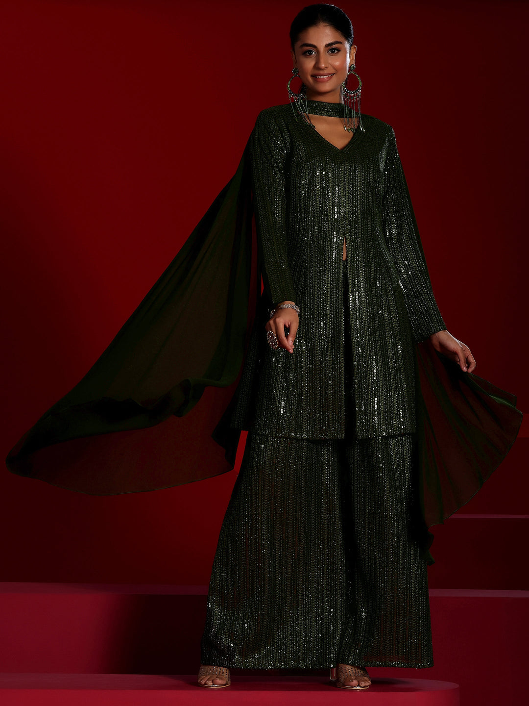 Mehreen Libas Art Wine Embroidered Georgette A-Line Kurta With Palazzos & Dupatta