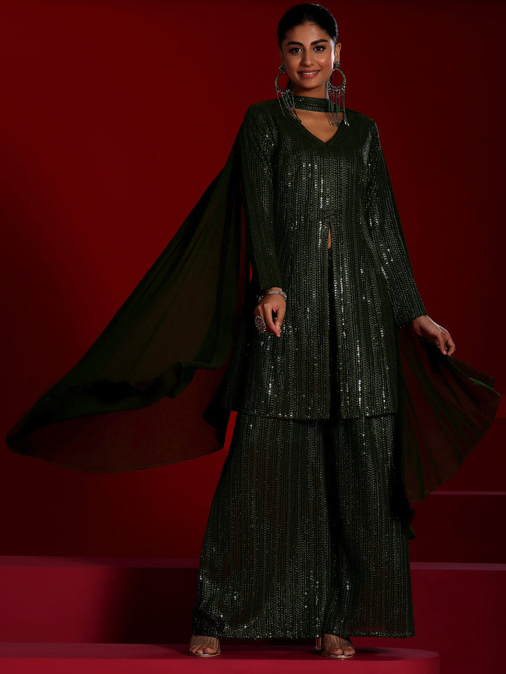 Mehreen Libas Art Wine Embroidered Georgette A-Line Kurta With Palazzos & Dupatta