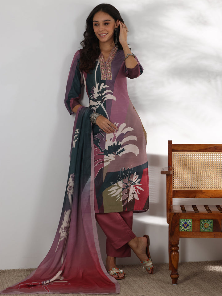 Mauve Printed Cotton Blend Straight Suit With Dupatta