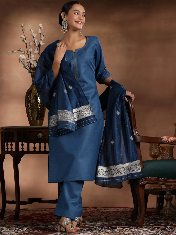 Teal Solid Cotton Blend Straight Suit With Dupatta