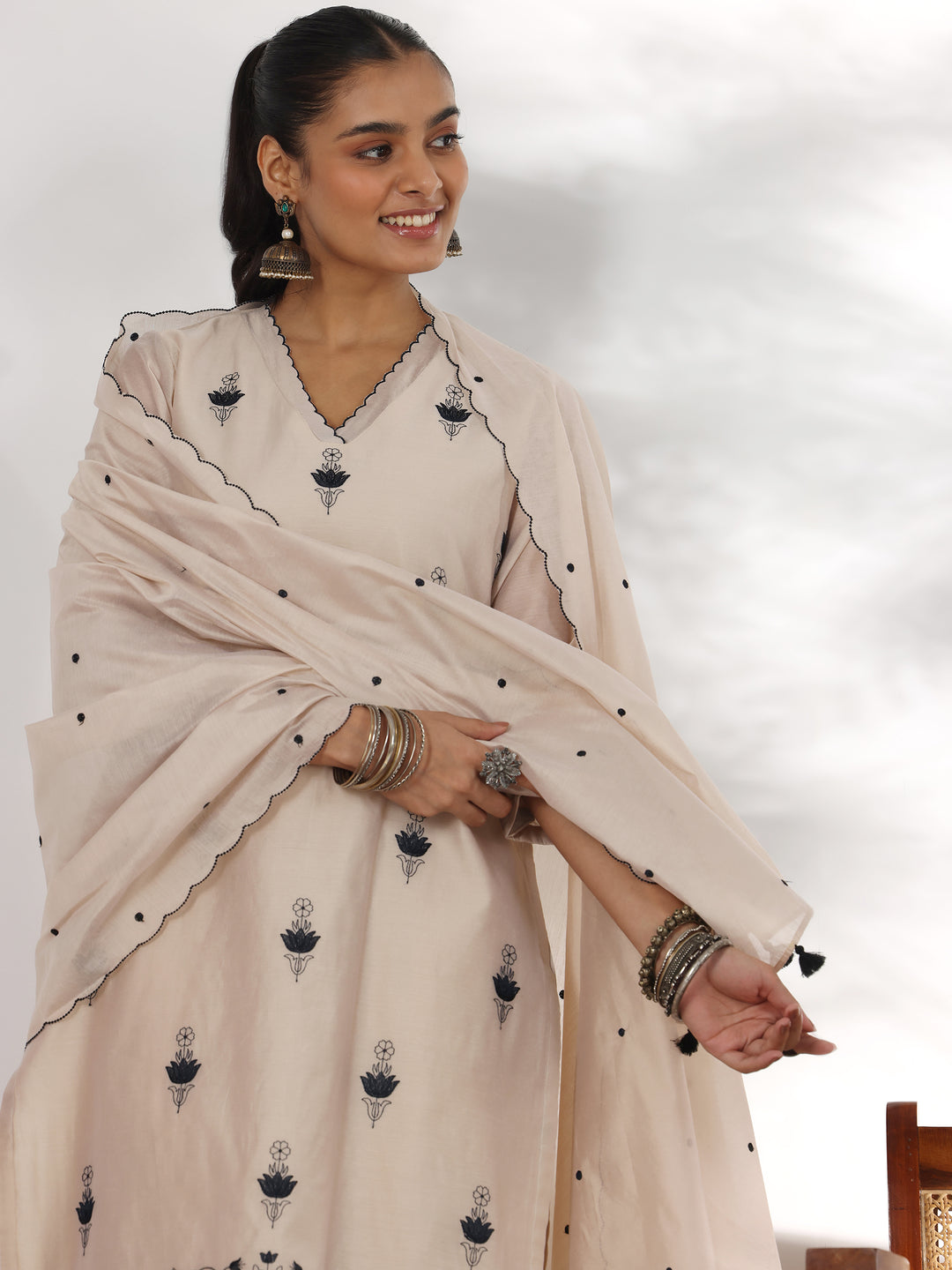 Beige Embroidered Chanderi Silk Straight Suit With Dupatta