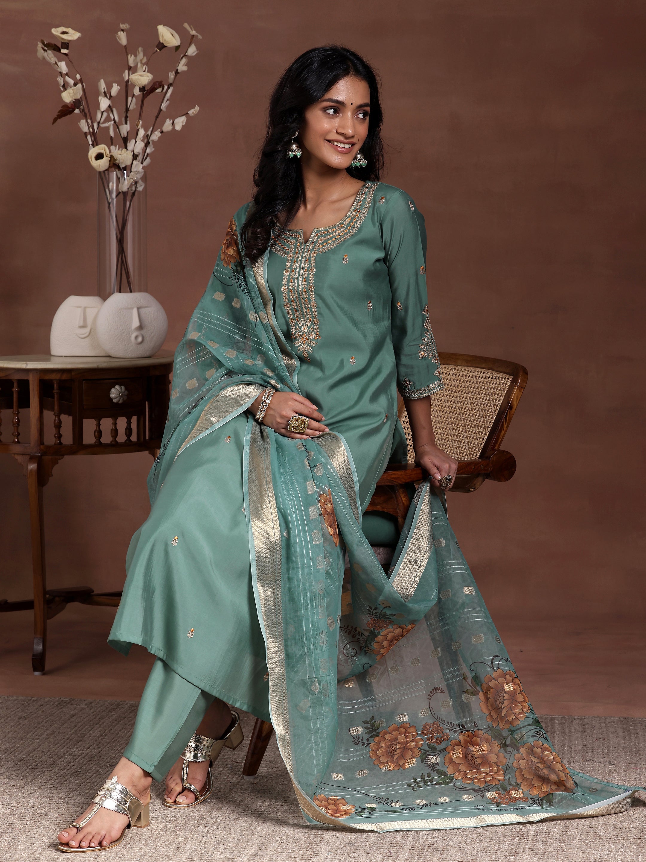 Red Embroidered Silk Blend Straight Suit With Dupatta-color issue main image 1