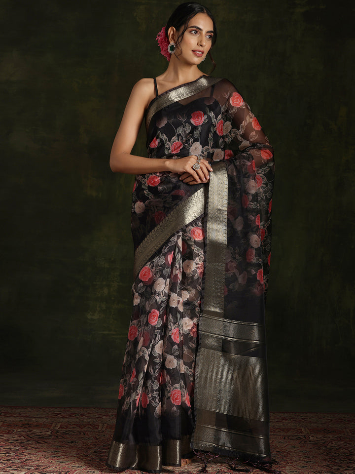 Black Printed Organza Saree With Unstitched Blouse Piece