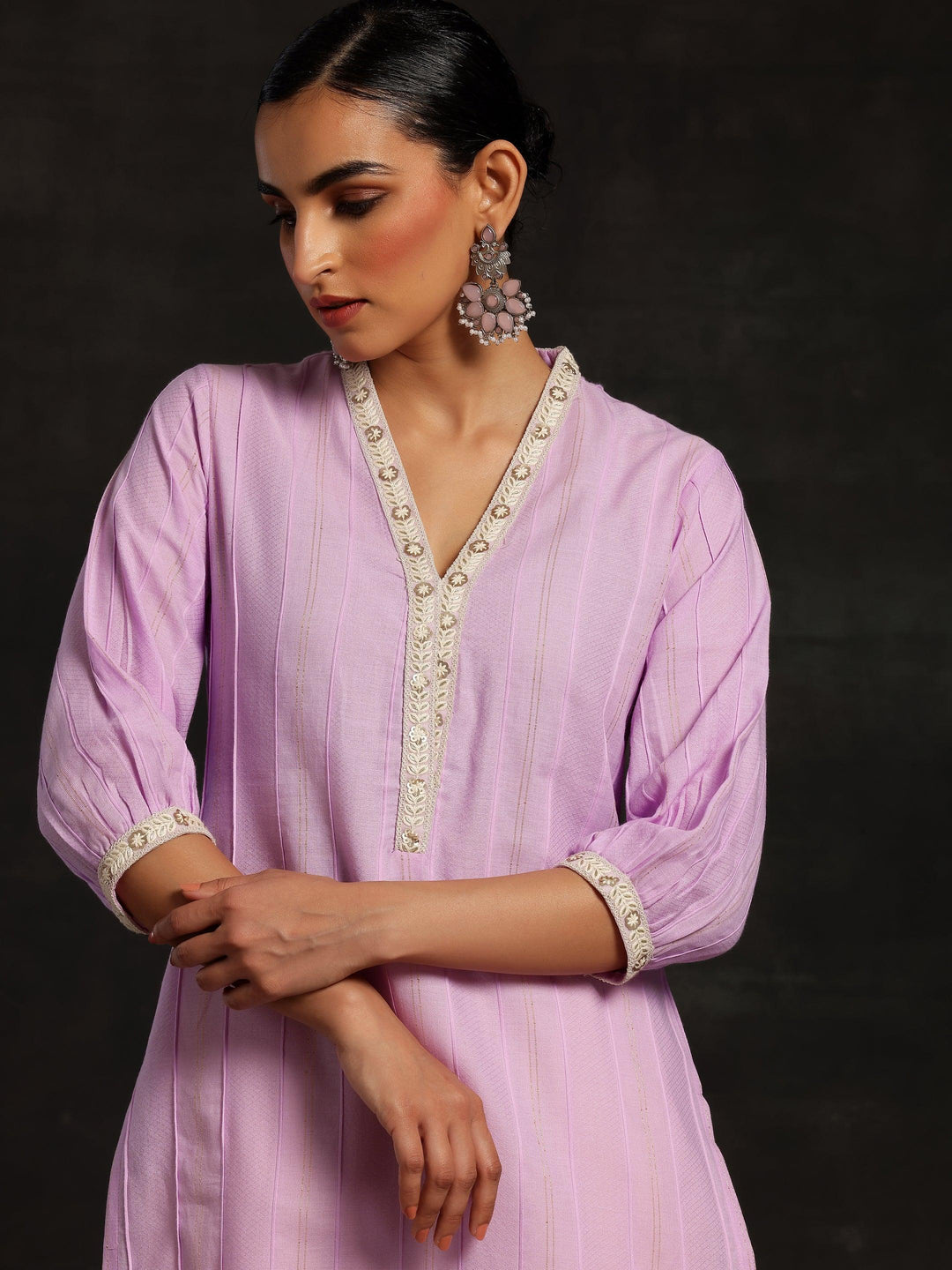 Purple Woven Design Cotton Straight Kurta - ShopLibas
