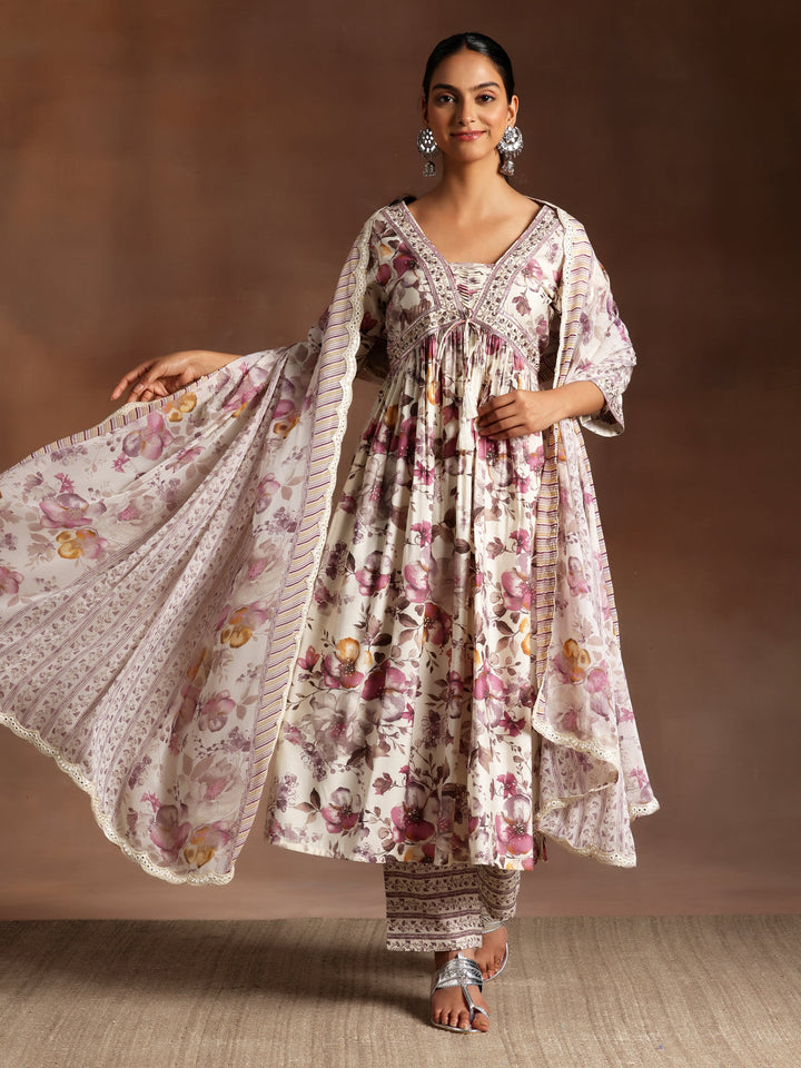 Off White Printed Silk Blend A-Line Kurta With Palazzos & Dupatta