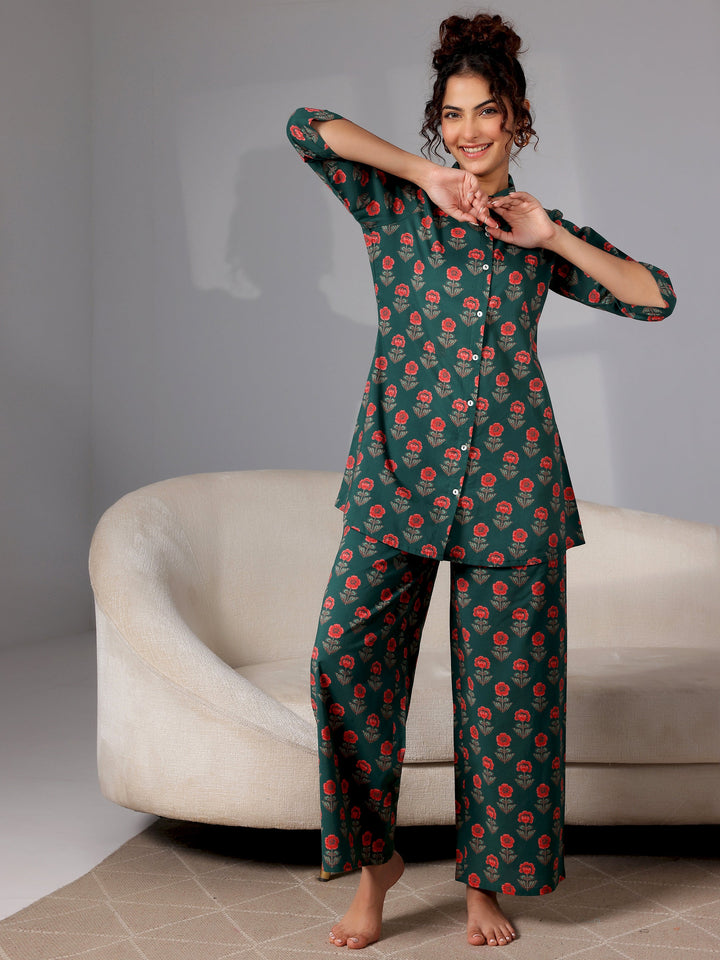 Green Printed Cotton Night Suits