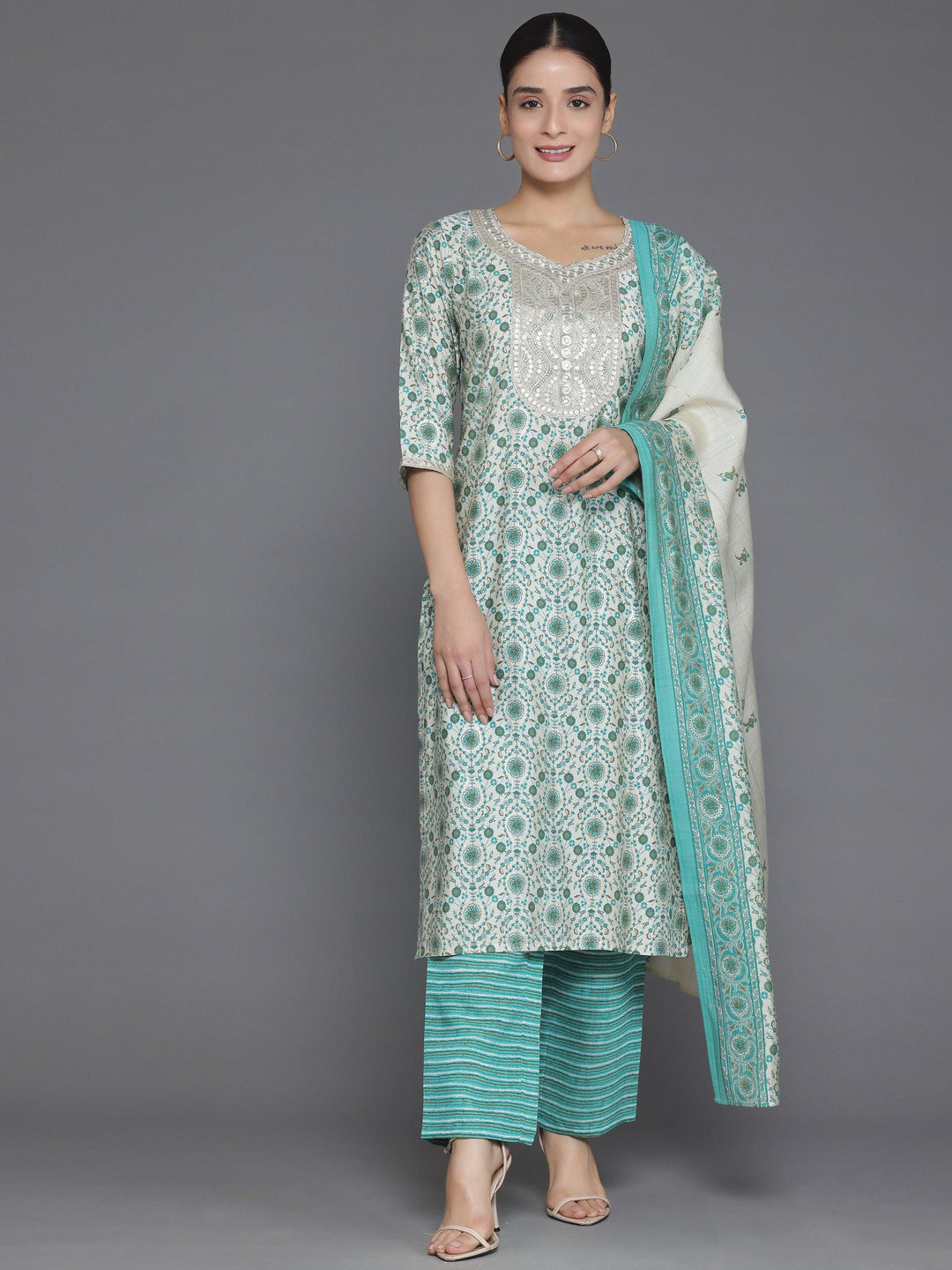 Beige Printed Silk Blend Straight Suit With Dupatta