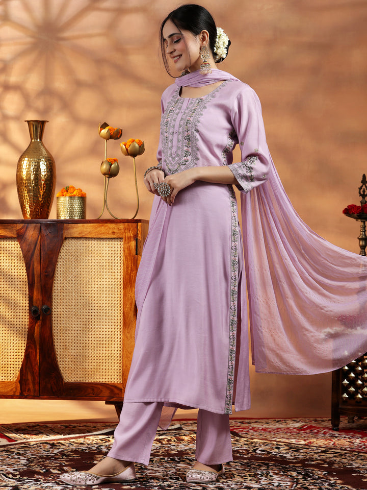 Lavender Embroidered Silk Blend Straight Suit With Dupatta