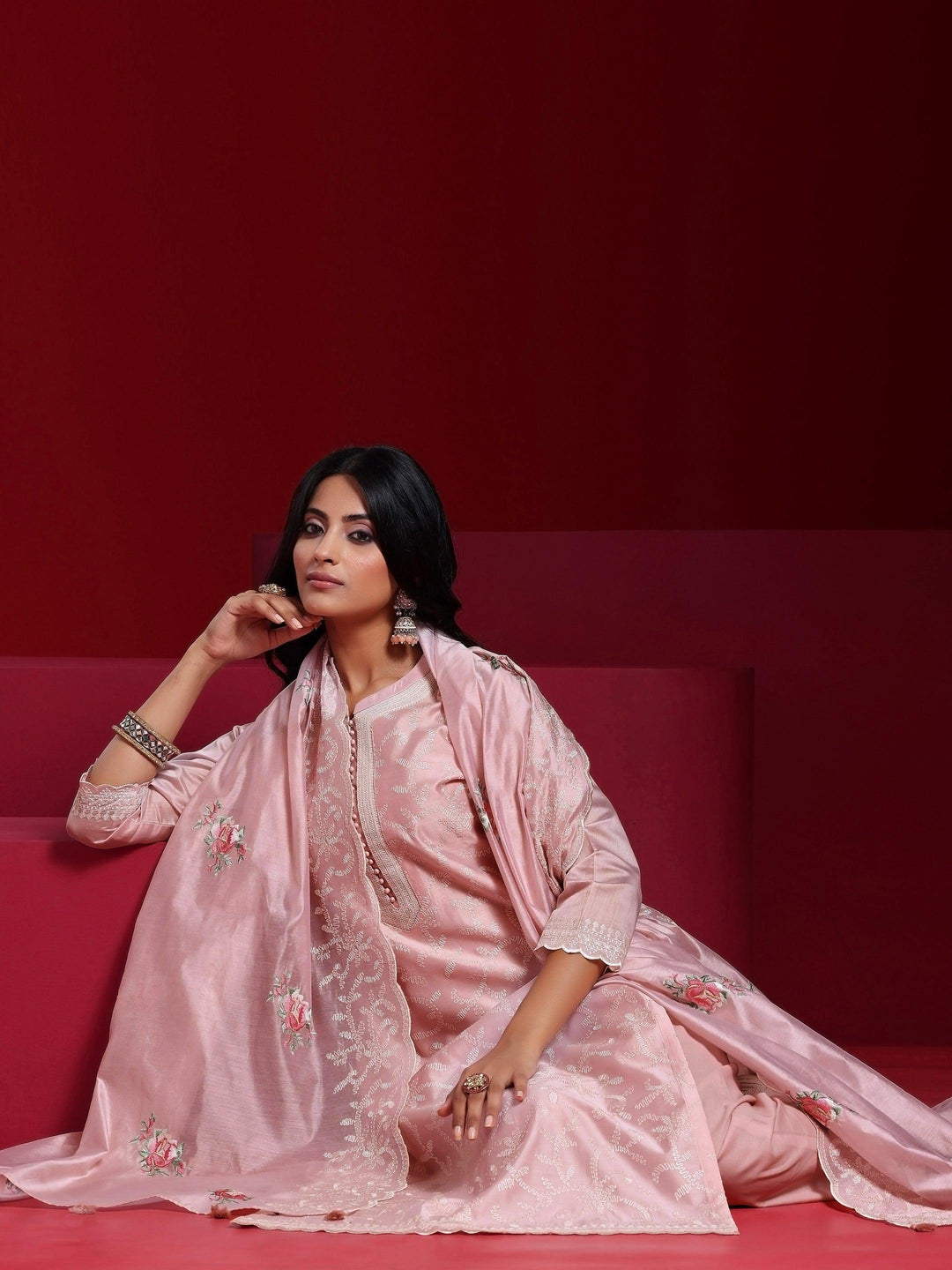 Libas Art Pink Embroidered Chanderi Silk Straight Suit With Dupatta