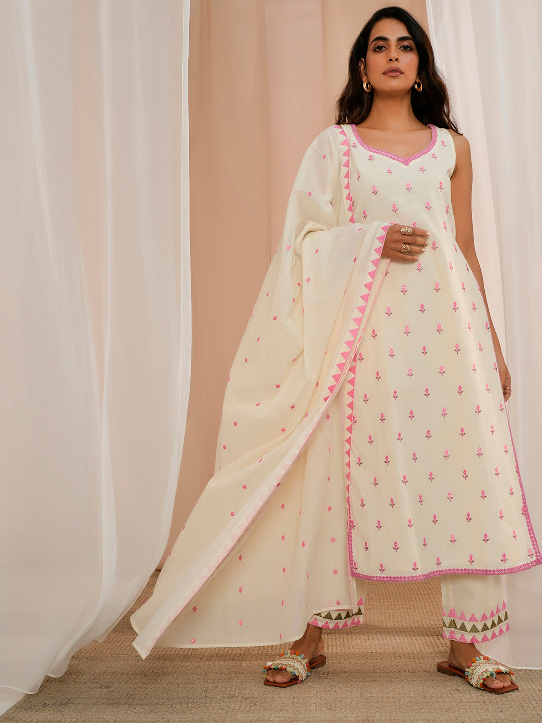 Off White Embroidered Cotton Straight Suit With Dupatta