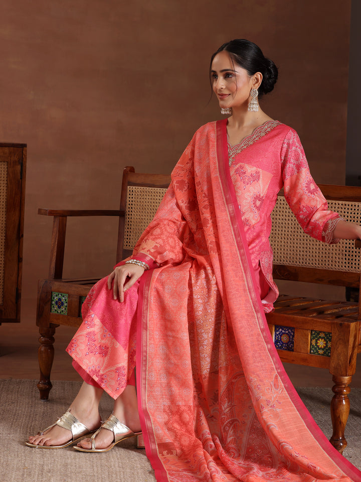 Pink Printed Cotton Blend Straight Suit With Dupatta