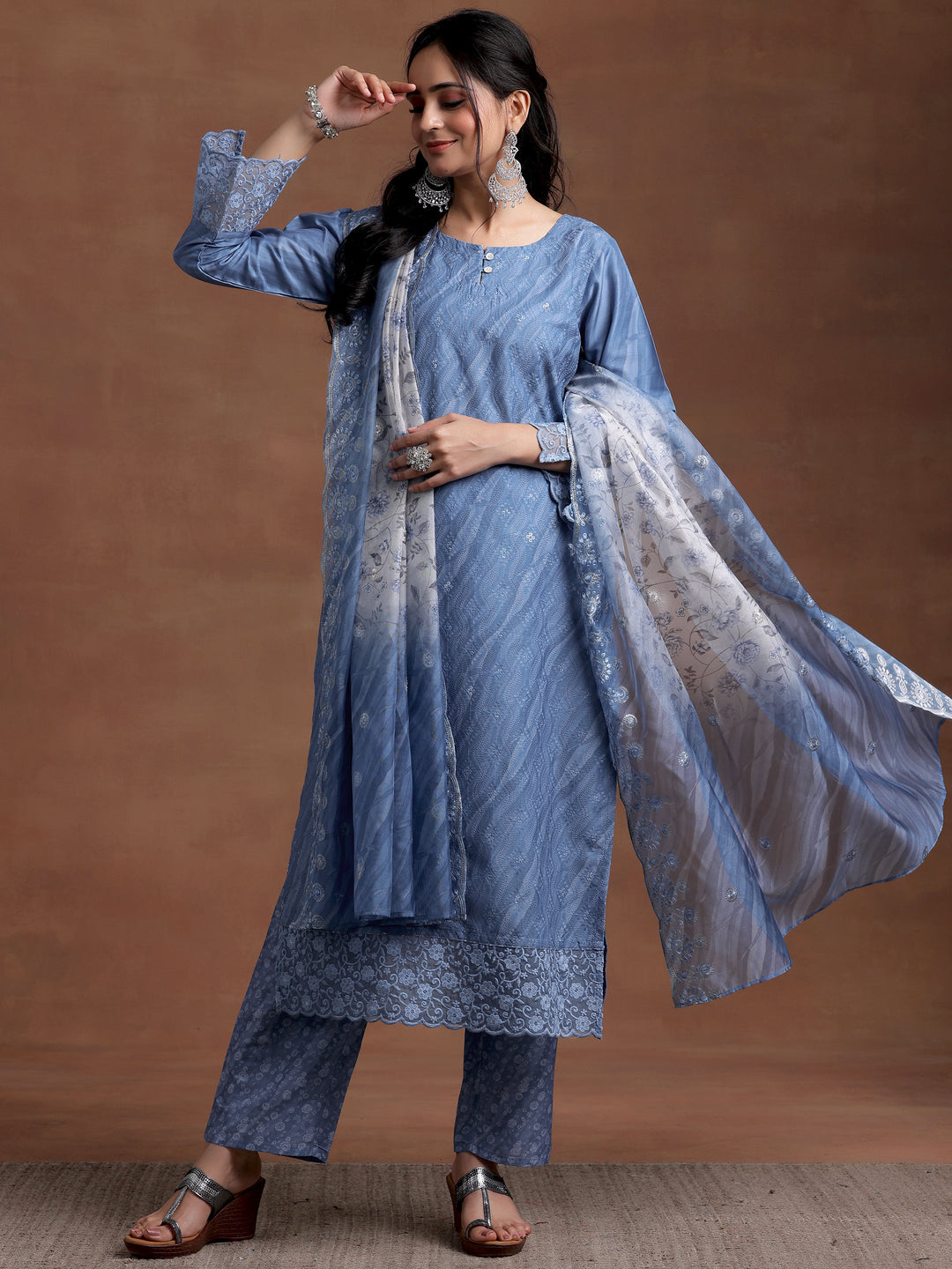Blue Embroidered Silk Blend Straight Suit With Dupatta