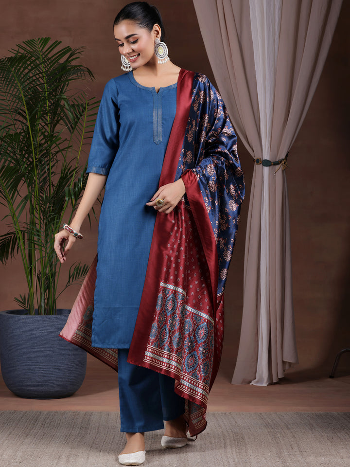 Navy Blue Solid Cotton Blend Straight Suit With Dupatta