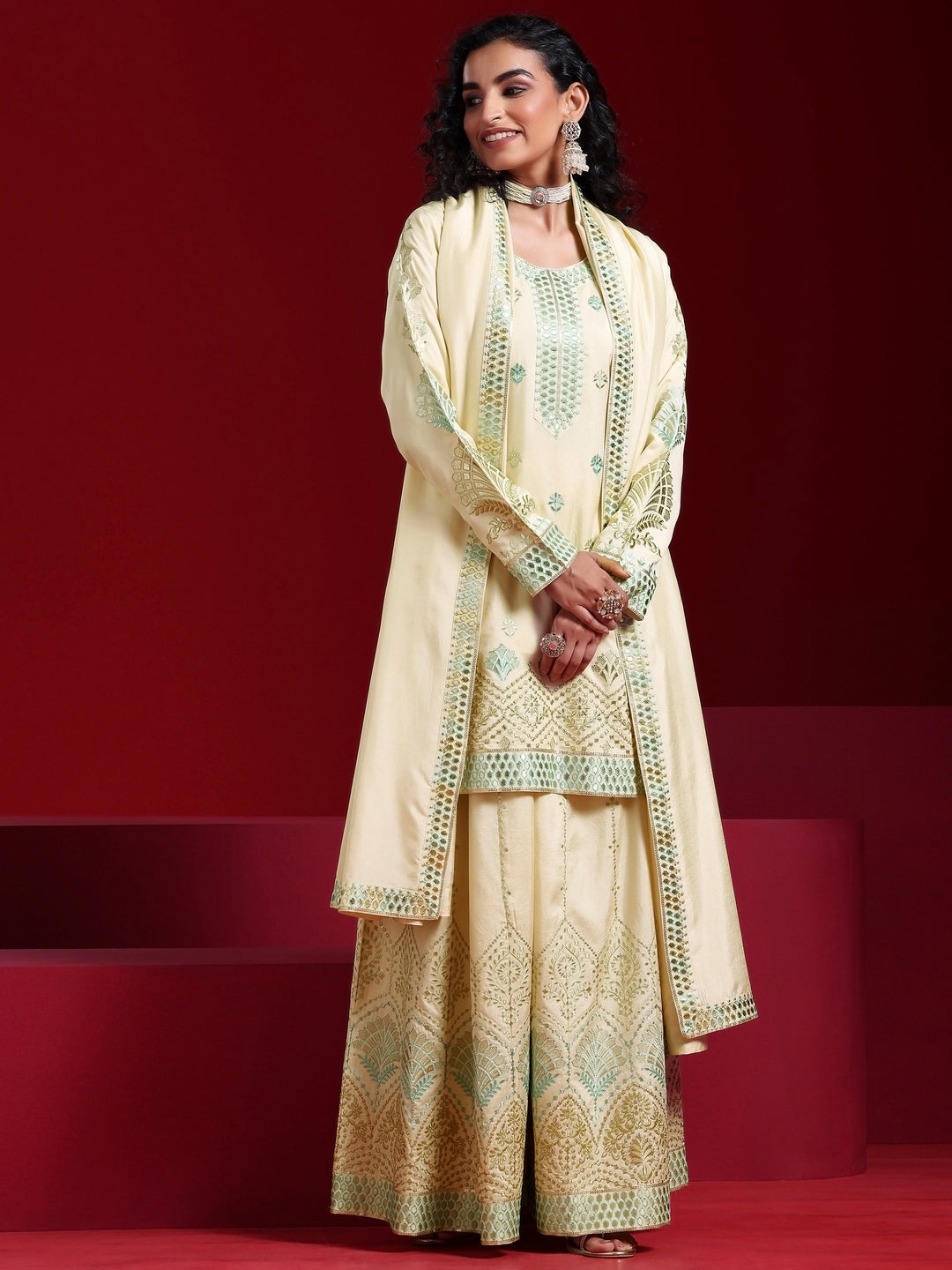 Libas Art Beige Embroidered Silk Blend Straight Suit With Dupatta