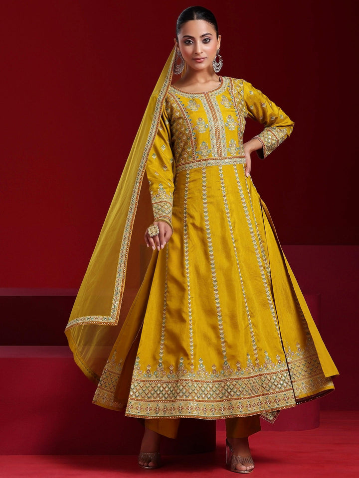 Libas Art Mustard Embroidered Silk Blend A-Line Kurta With Sharara & Dupatta