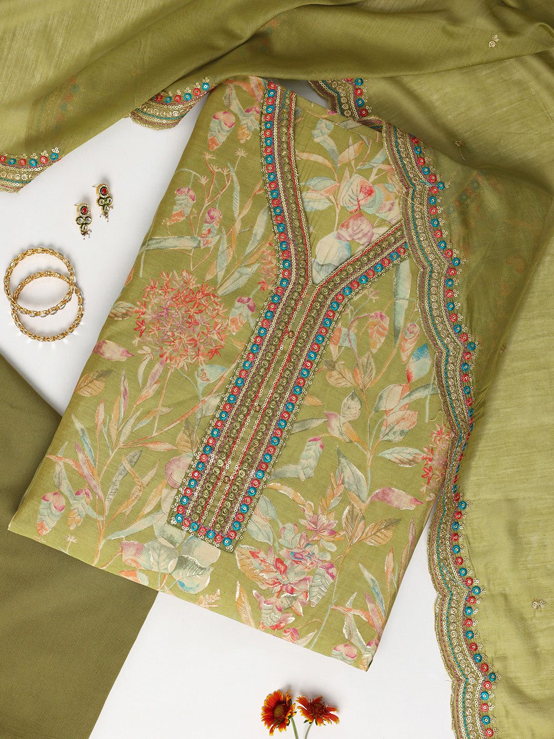 Green Printed Silk blend Dress Material With Dupatta