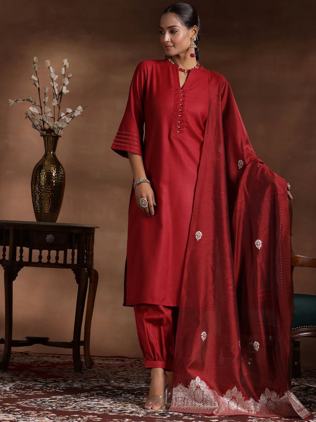 Maroon Solid Cotton Blend Straight Suit With Dupatta