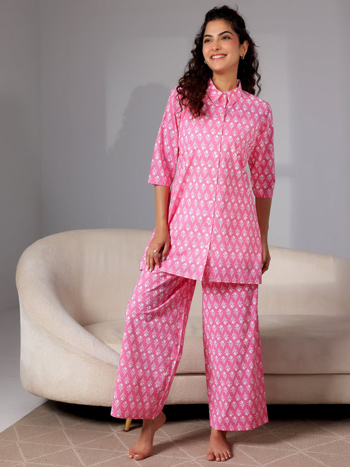 Pink Printed Cotton Night Suits