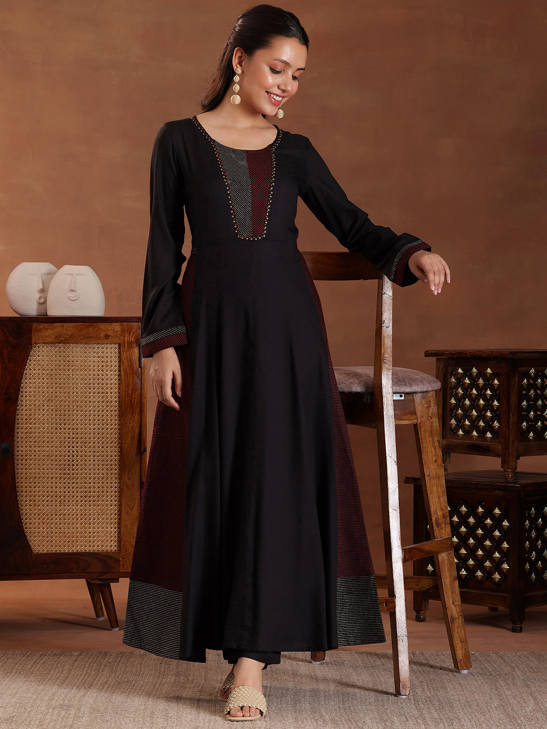 Black Self Design Pure Viscose Rayon A-Line Kurta Set