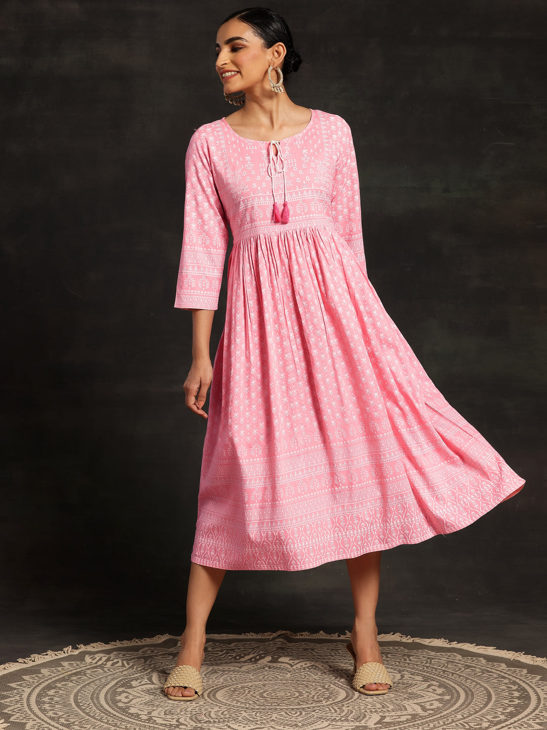 Pink Printed Cotton Fit and Flare Dress
