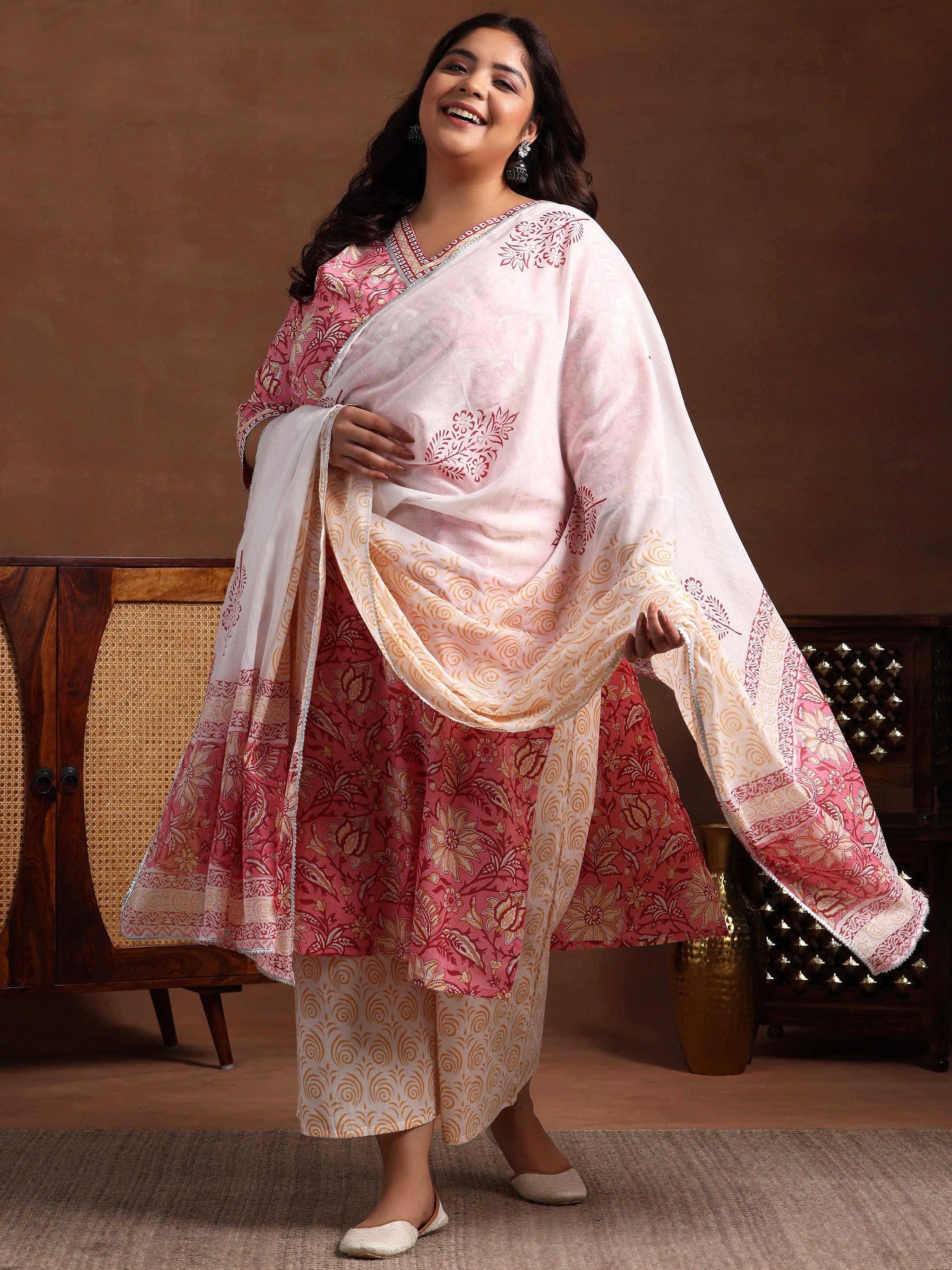 Plus Size Burgundy Printed Cotton Straight Suit Set With Dupatta