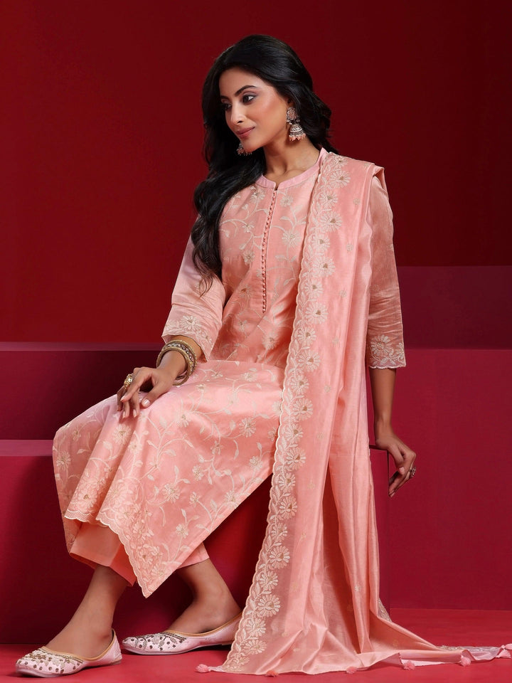 Libas Art Pink Embroidered Chanderi Silk Straight Suit With Dupatta