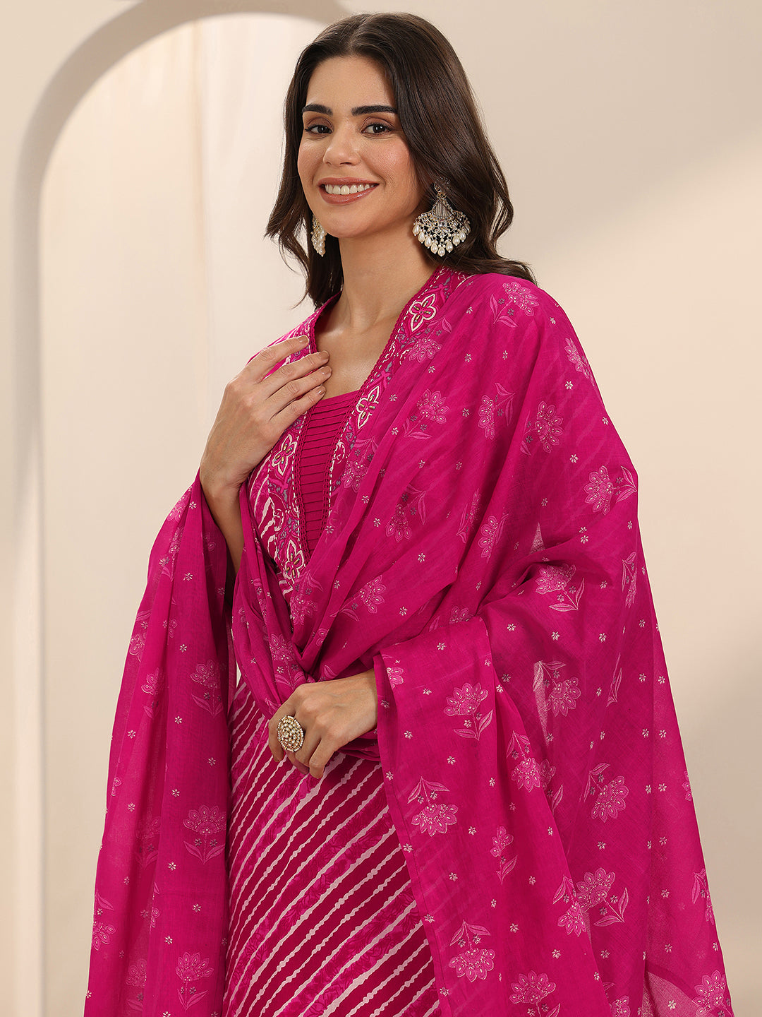 Pink Printed Cotton Straight Suit Set With Dupatta