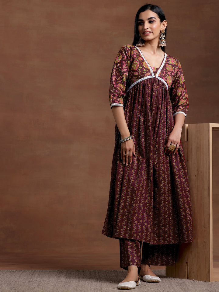 Rust Printed Cotton A-Line Kurta With Palazzos