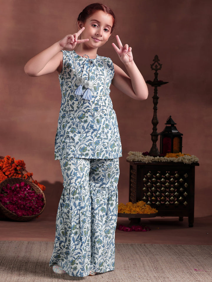 Kids White Printed Cotton Straight Kurta Set