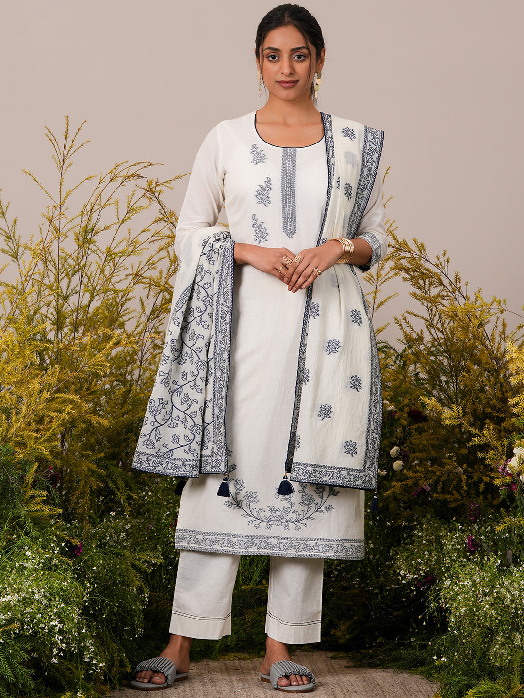 Off White Woven Design Cotton Straight Suit With Dupatta