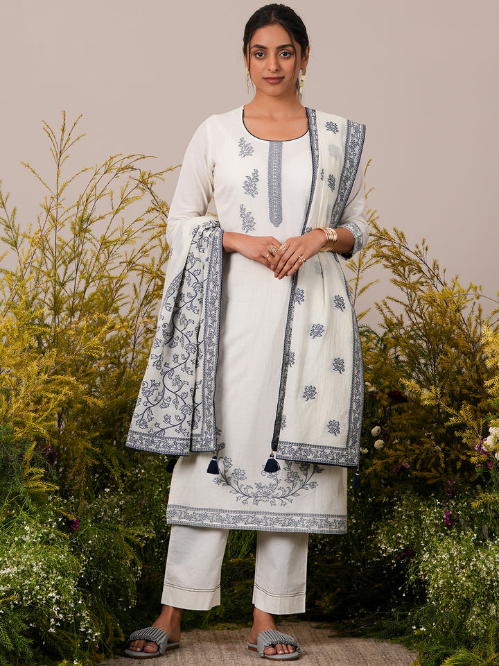 Off White Woven Design Cotton Straight Suit With Dupatta