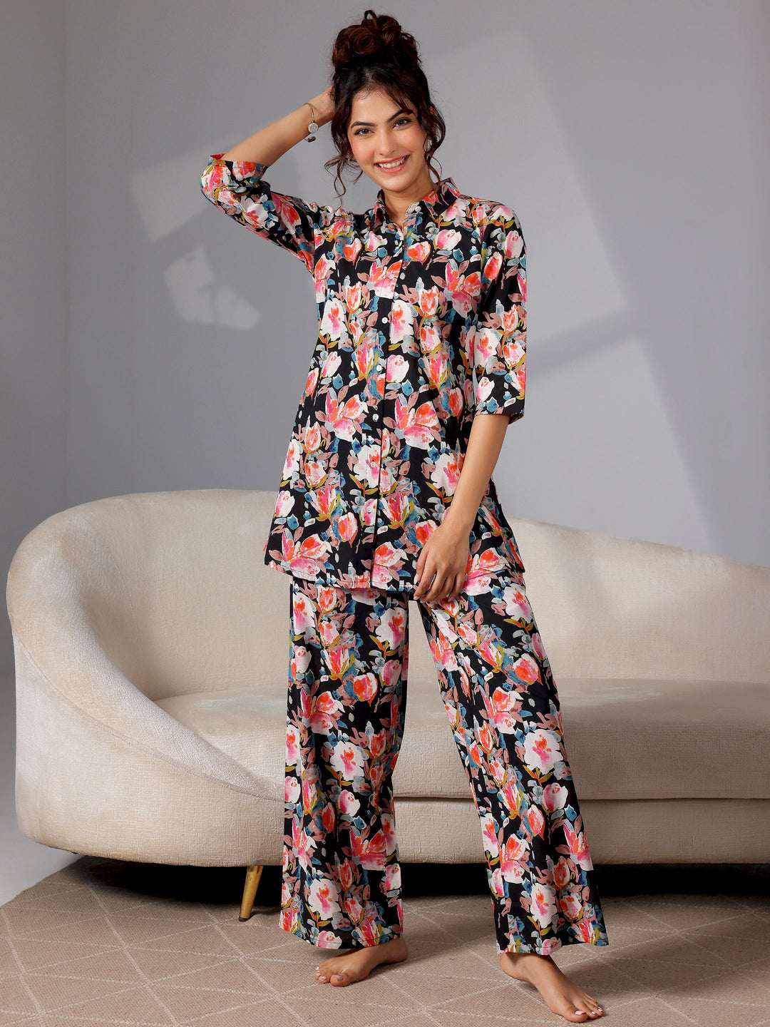 Black Printed Cotton Night Suits