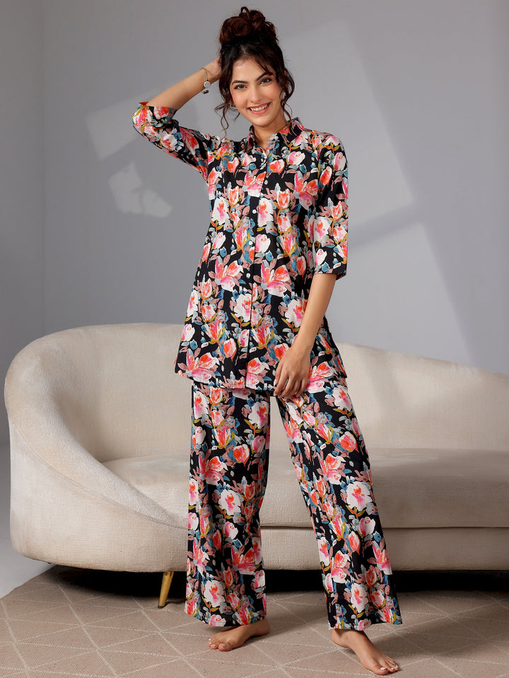 Black Printed Cotton Night Suits