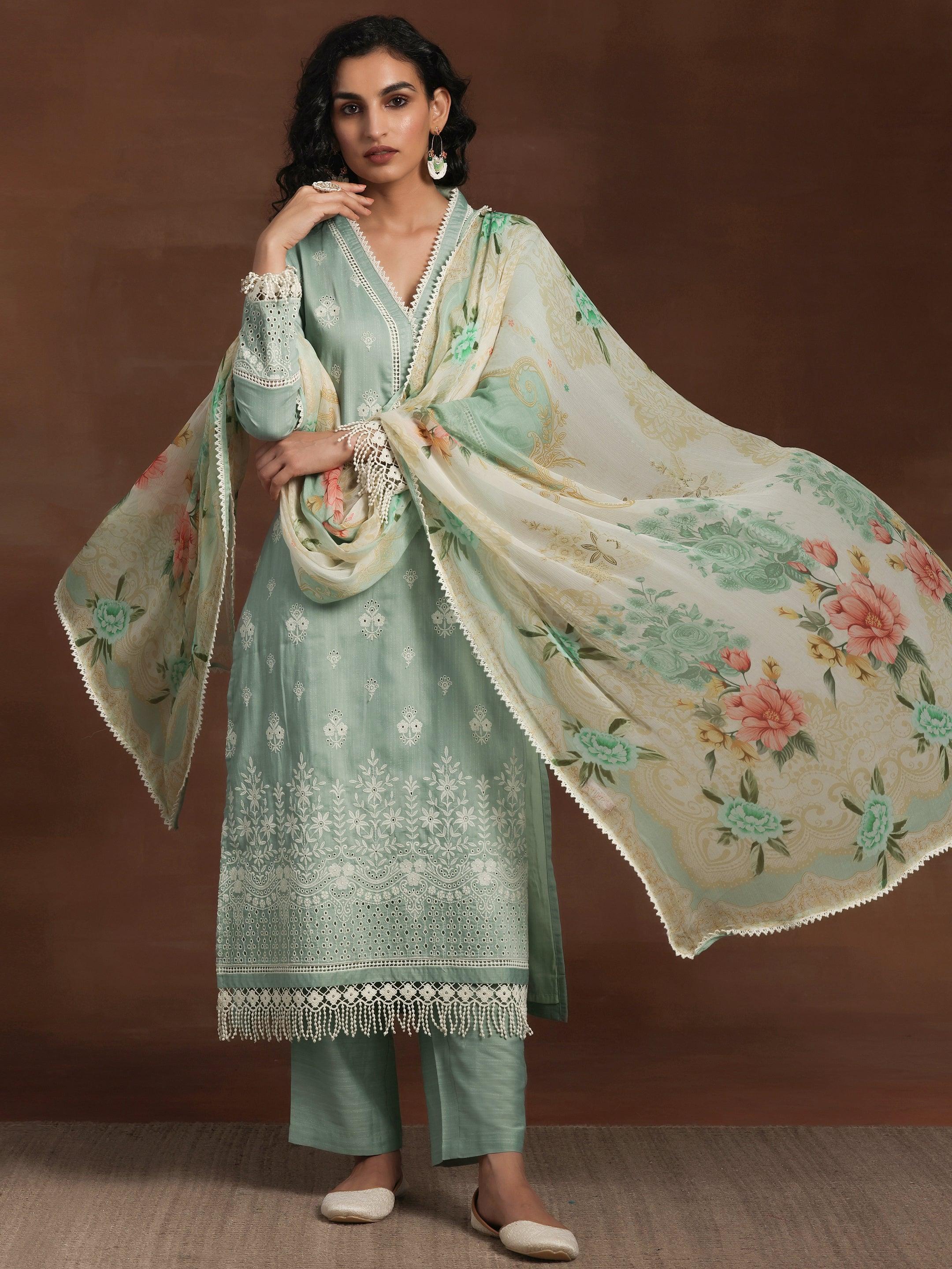 Lime green Embroidered Silk blend Straight Suit Set With Dupatta