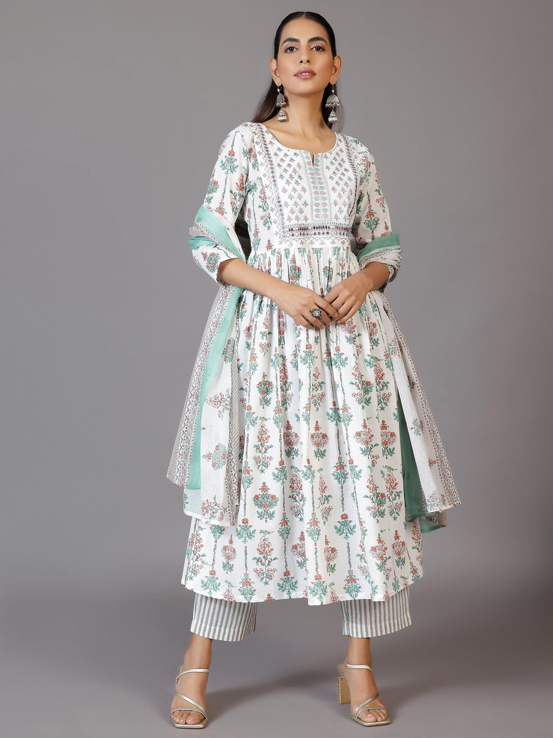 Off White Printed Cotton Anarkali Suit With Dupatta