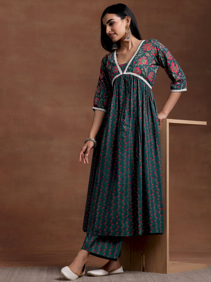 Blue Printed Cotton A-Line Kurta With Palazzos