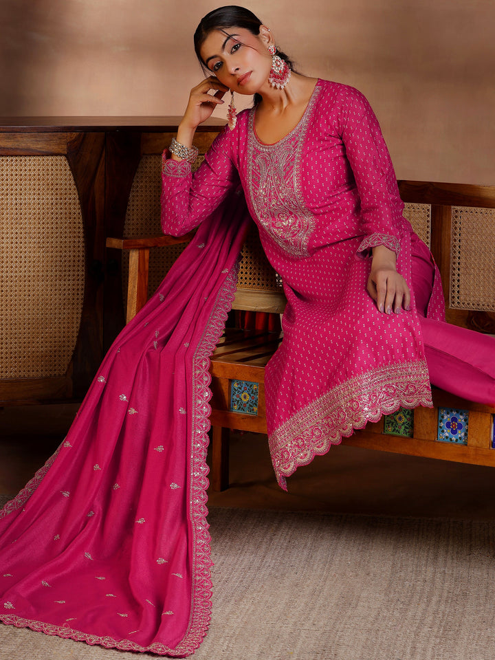 Pink Printed Silk Blend Straight Suit With Dupatta